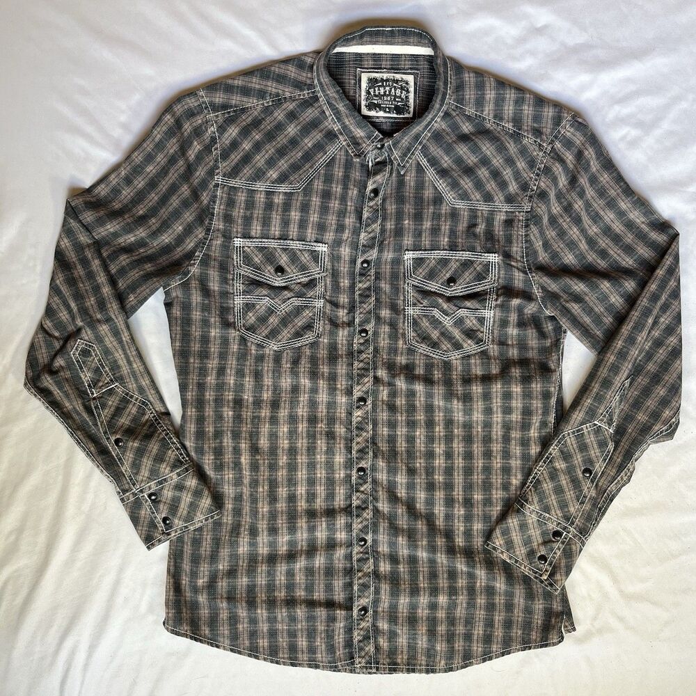 BKE Vintage Mens XL Black Brown Plaid Cotton Western Button Up Shirt 260534-4